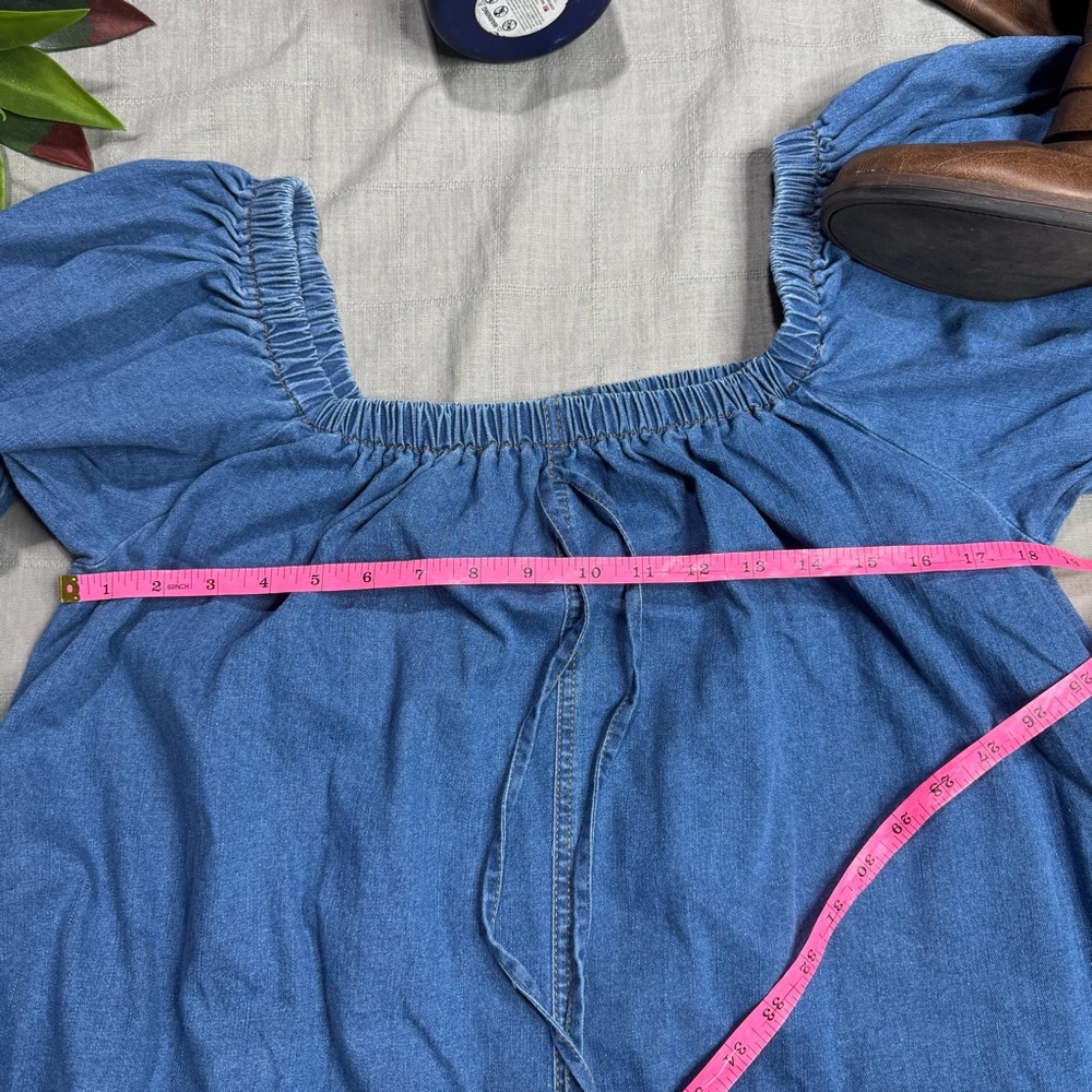 Denim Babydoll Mini Dress NWT Large Off Shoulder Puff Sleeve Pockets - Picture 7 of 14